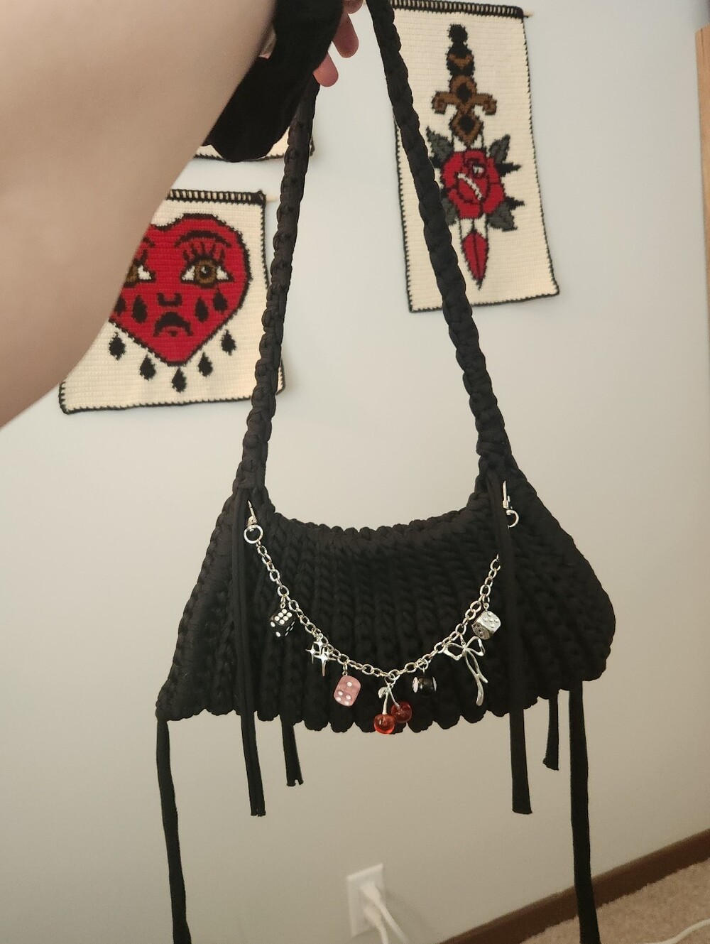 Crochet Handmade Black Shoulder Bag With Charms